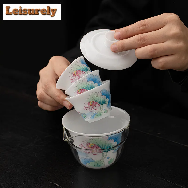 Ice Seed Jade Porcelain Lotus Charm Travel Tea Set Kit Zen 1 Pot 3 Cups Household Tea Making Organizer Portable Camping Handbag