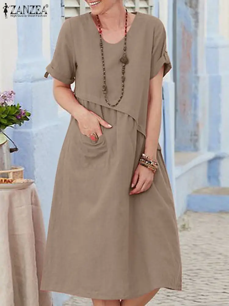 

Платье ZANZEA женское пляжное с V-образным вырезом, Элегантный Модный Однотонный сарафан с коротким рукавом, повседневная одежда для работы, на лето