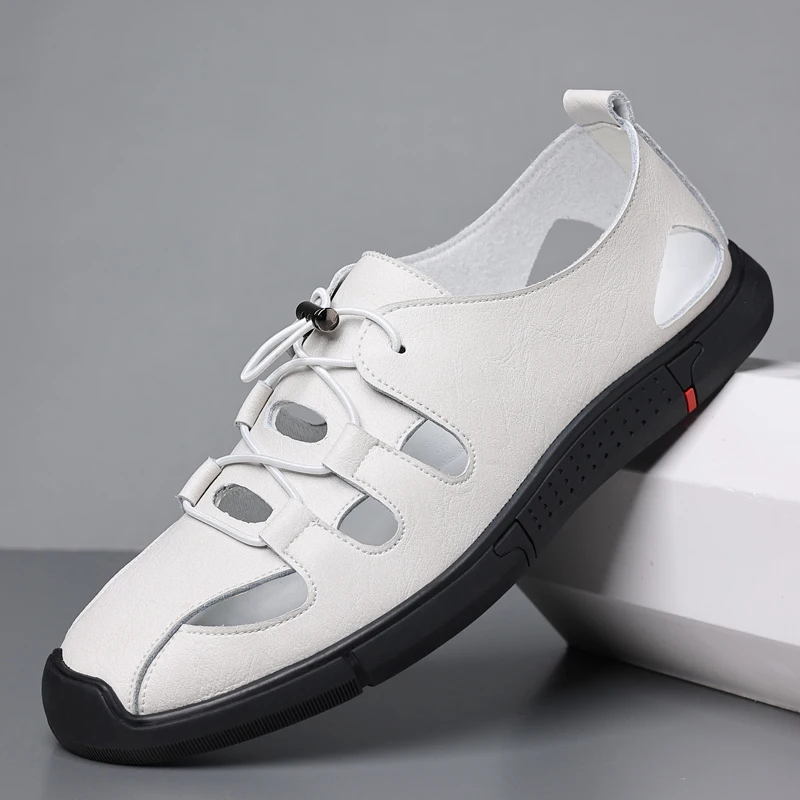 New Design Mens Sandals Summer Slippers Casual Outdoor Beach Shoes Leather Breathable Hollow Out Flat