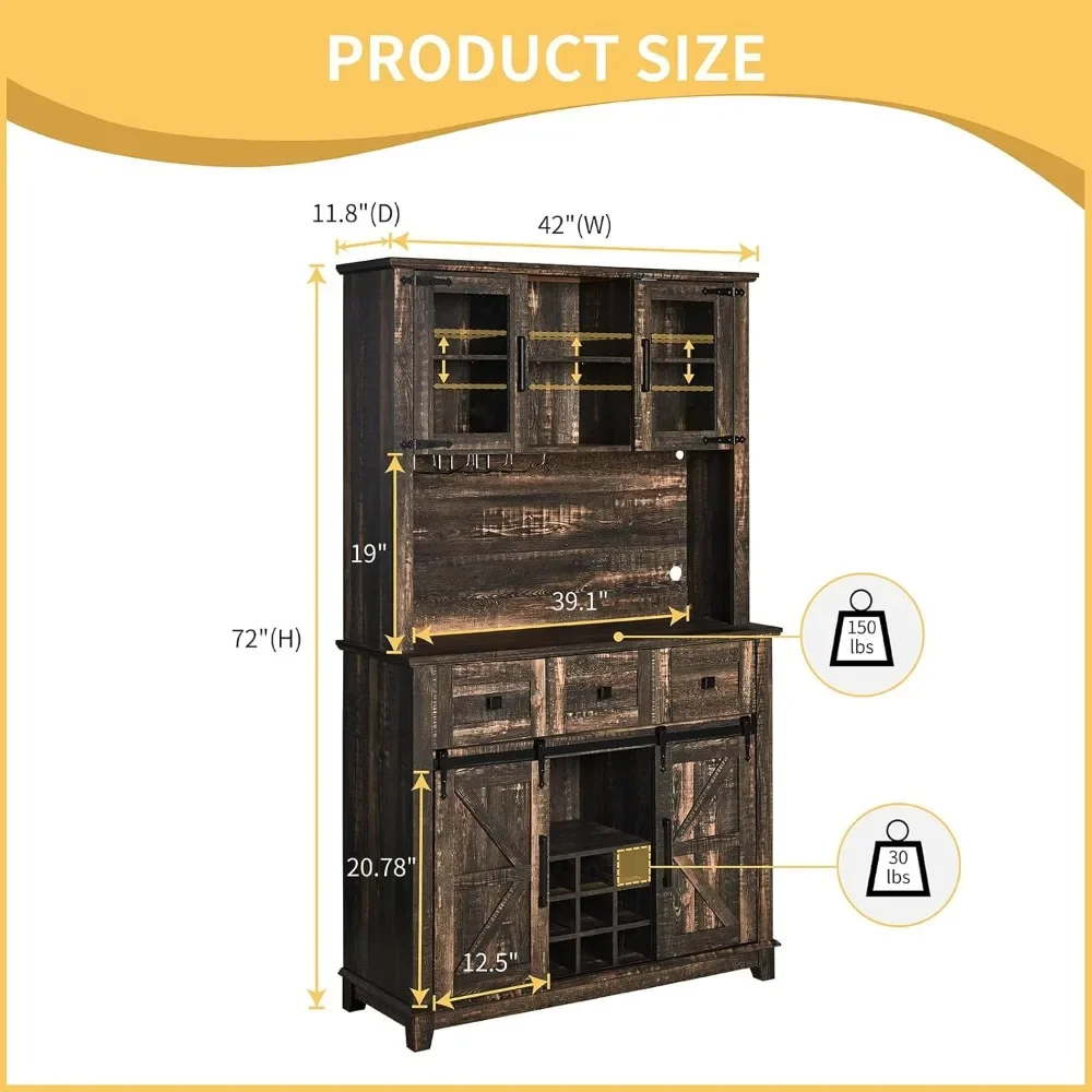 72" Coffee Bar Wine Cabinet with Sliding Barn Door & LED Lights, Sideboard Buffet Cabinet with Wine Bottle Rack, 3 Drawers