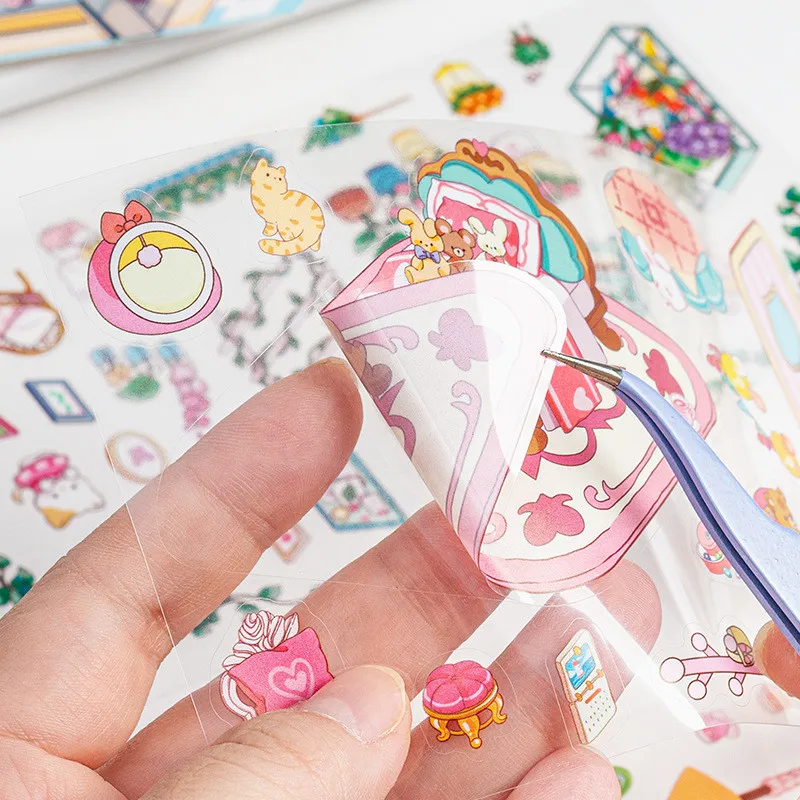 Cartoon Miniature Scene Stickers 2 Sheets No Cutting Landscape Stickers 3D Stereoscopic Hut Hand Tent Children's stickers scrapbooking supplies