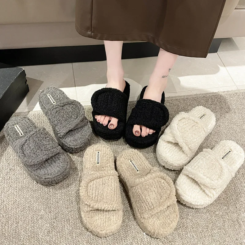 Women Thicken Plush Fur Slippers Winter Slip on Chunky Platform Loafers Mules Woman Thick Bottom Cotton Slippers Flip Flops
