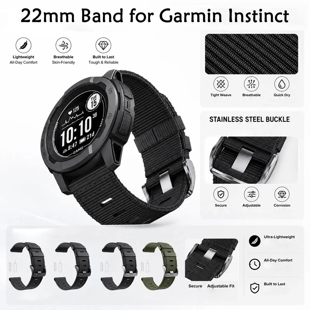 Rugged Nylon Replacement Strap for Garmin Instinct Watch - 22mm Band