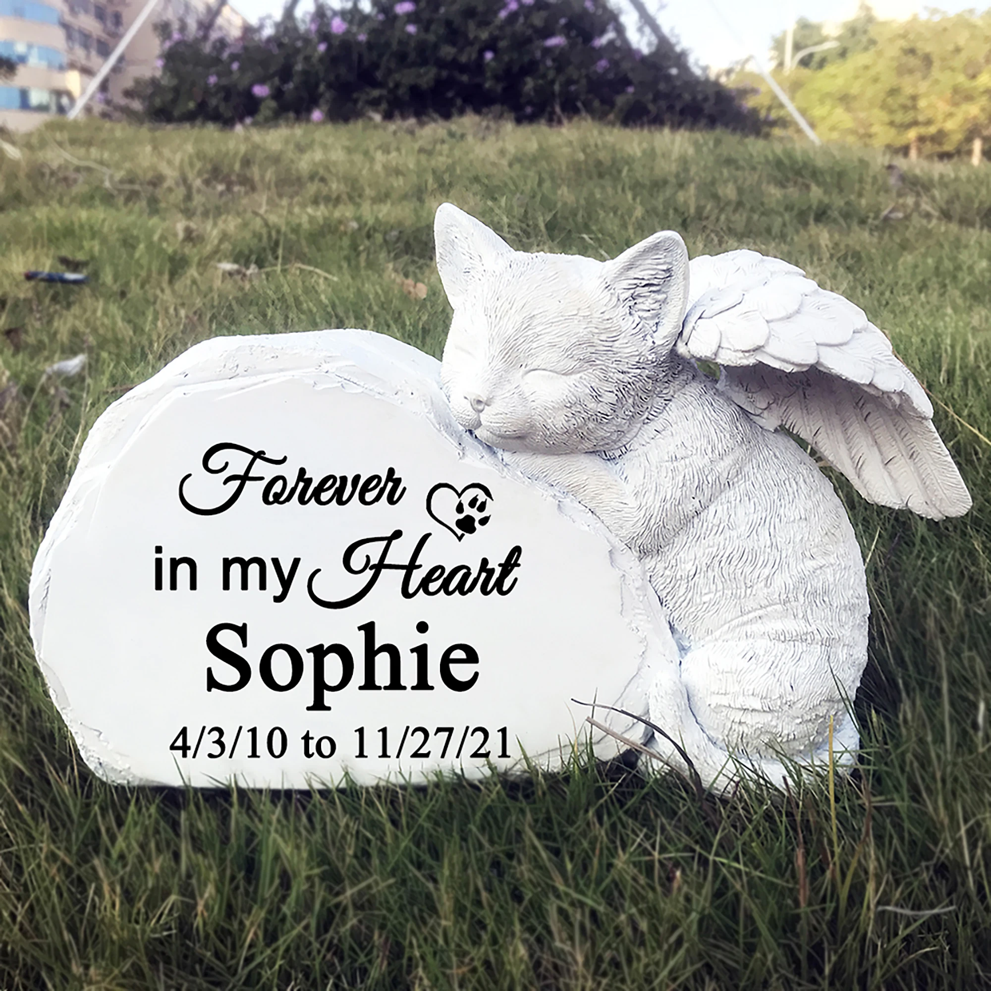 

Personalized Pet Cat Memorial Stone with A Sleeping Cat Angel Statue, Cat Grave Markers Headstone Tombstone-Forever in My Hearts