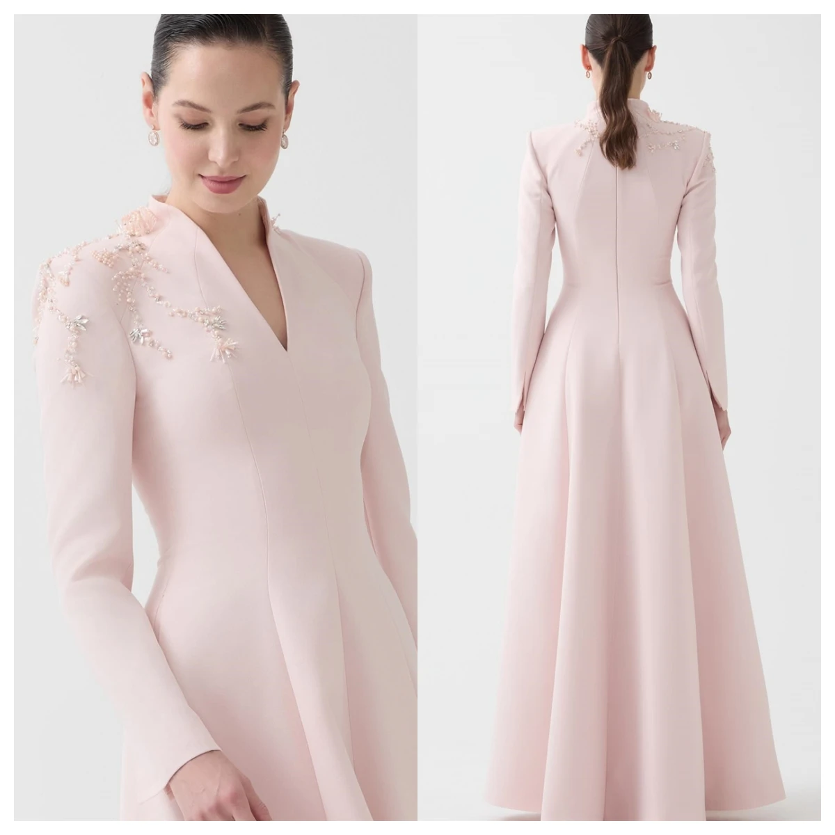 Customized Customized Delicate Pink Jersey Evening Dress V-Neck Long Sleeves Celebrity Gowns Appliques Elegant Bespoke Occasion 1