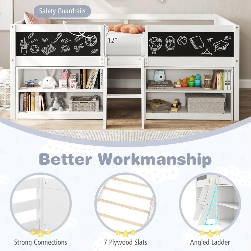 Children Beds, Low Loft Twin Size, Wooden Loft Bed with Ladder Blackboard, 2-Step Ladder, 4 Chalkboards, 2 Moveable Bookcases 3