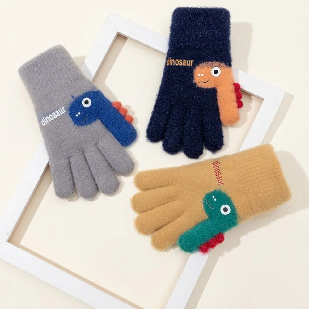 7-12 Years Old Winter Knitted Gloves Cartoon Dinosaur Elastic Five-finger Gloves Fashion Thickend Kids Boys and Girls