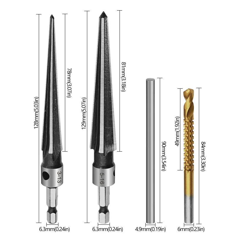 4PCs DIY Bridge Pin Hole Hand Reamer Taper Reamer for Woodworking Board Chamfering with An Expanded 5-16mm Hexagonal Handle