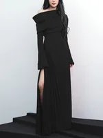 فستان أنيق برقبة مائلة للنساء ، أكمام طويلة ، مرقع بفتحة مبطنة ، فساتين سهرة ، صيف ، جديد ، من 13DB5142 1