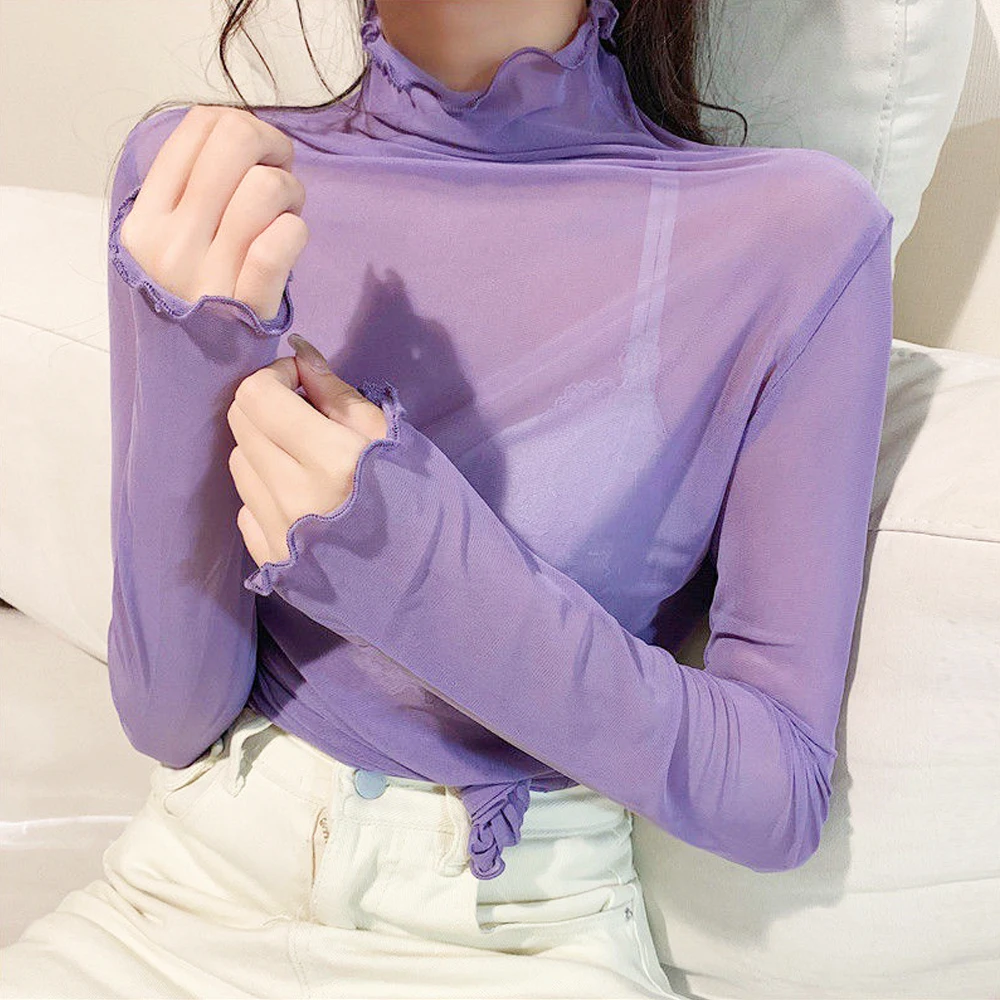 

Women's Long Sleeve Transparent Elastic T Shirt Women Edible Tree Fungus Blouse 6 Colors S-XL Size Female Bottoming Blouses Tops