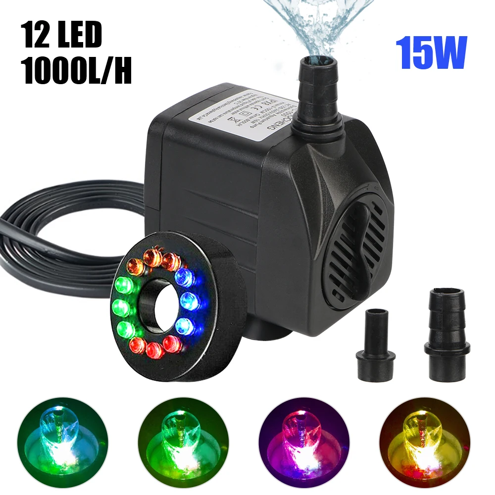 Water Fountain With 12 LED Light Ultra-quiet with Power Cord Submersible for Garden Aquarium Fish Tank Bird Bath
