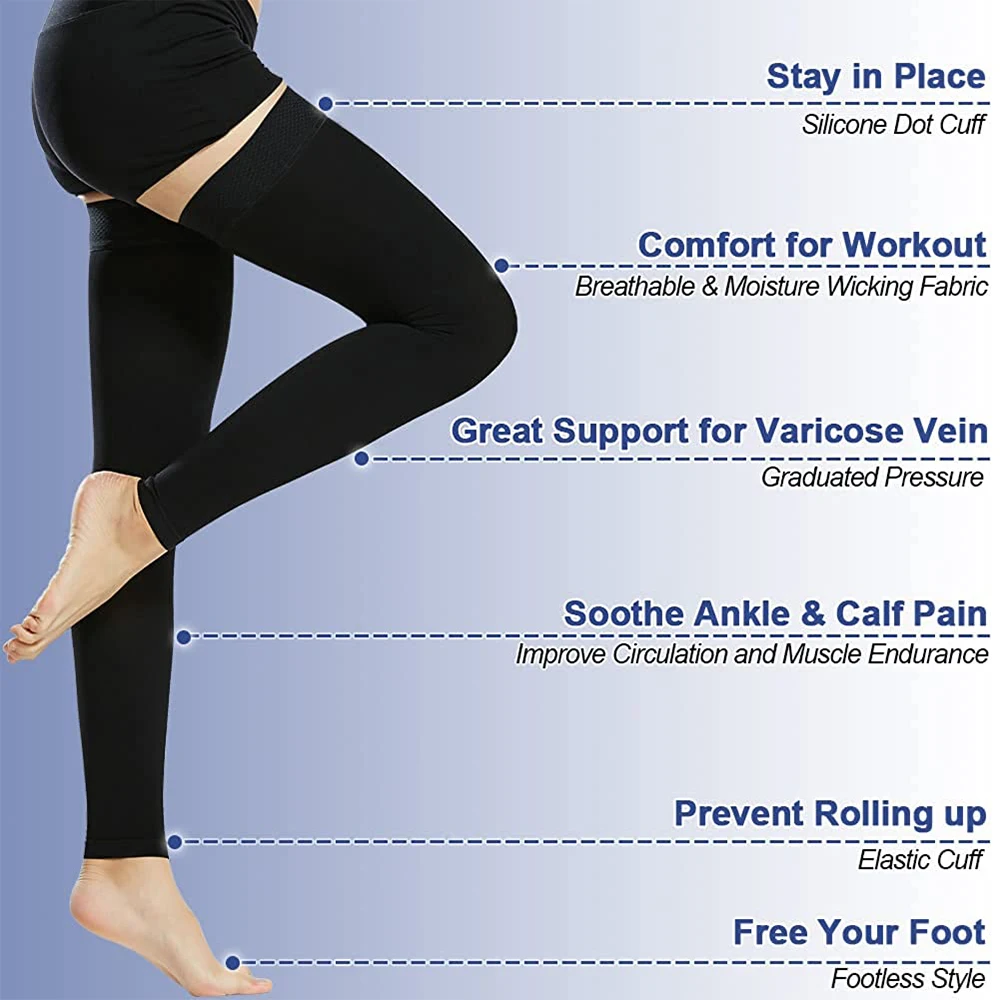 1Pair Thigh High Footless Compression Stockings 20-30 MmHg