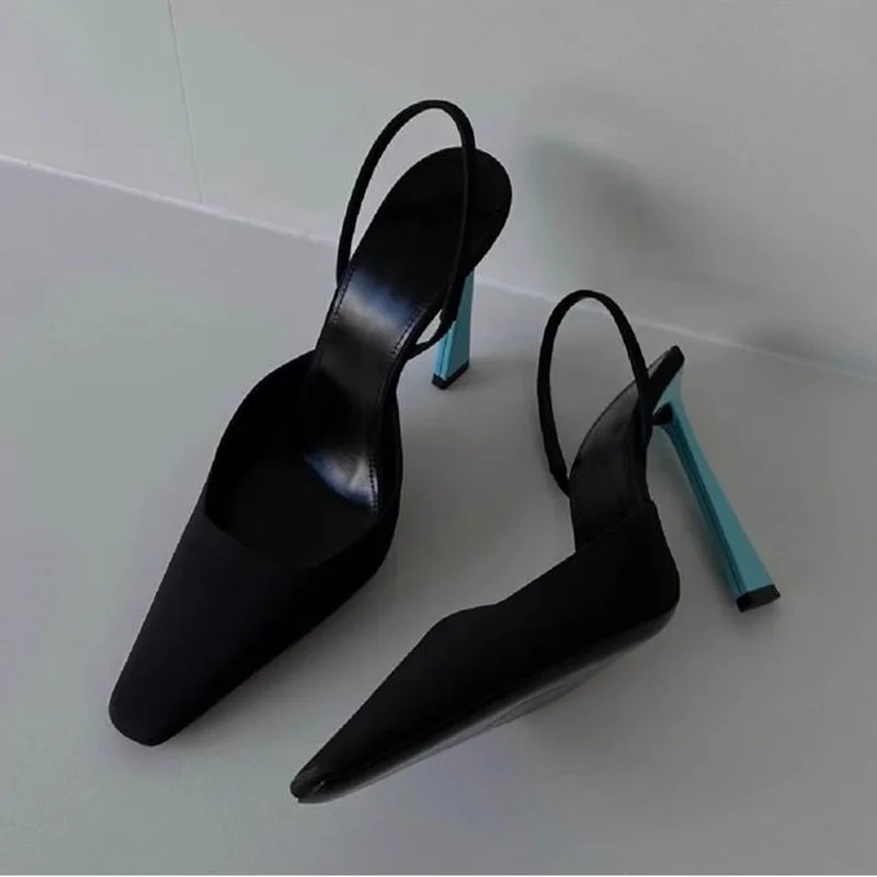 

Closed Pointed Toe Slingback Shoes Black Suede Patchwork Blue Chunky Heels Women Pumps Hollow Banquet Dress Shoes