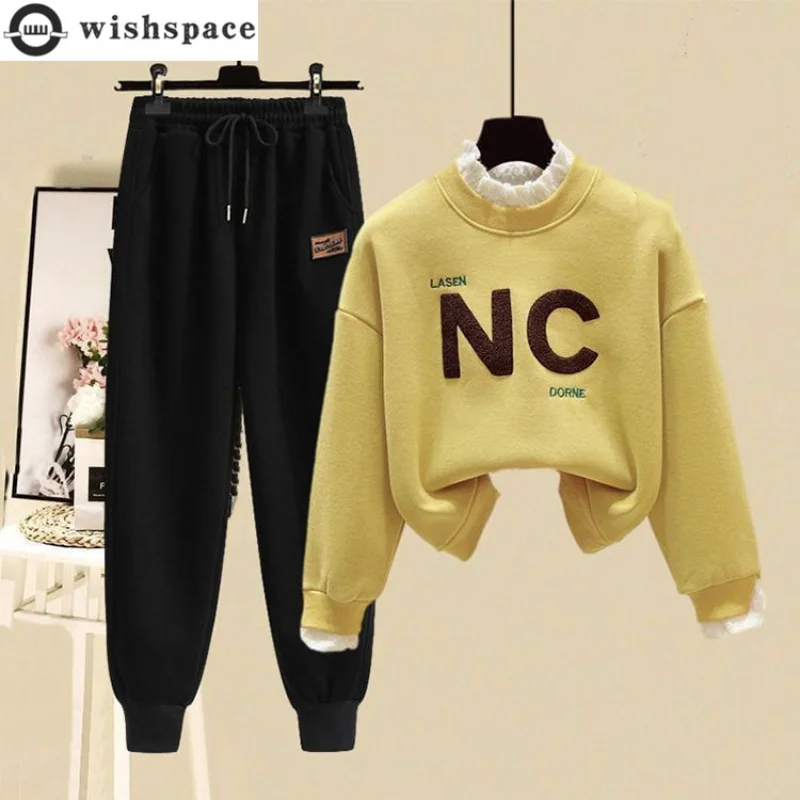 Plush and Thickened Sports Women's Set 2023 New Korean Version Loose Fitting Two-piece Top Casual Pants Two-piece Set golden silk casual sports suit korean version slim winter two piece men s trend