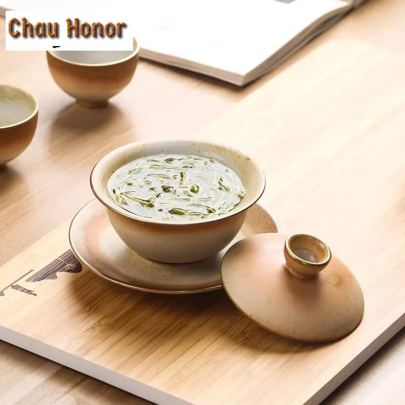 120ml Retro Coarse Pottery San Cai GaiWan Tea Cup Handmade Household Puer Kung Fu Teaset Tea Ceremony Drinkware Accessories Gift