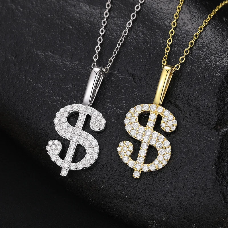 

Hip Hop 925 Sterling Silver Dollar Full Moissanite Pendant Necklace for Women Men 18k Gold Plated Mosan Diamond Money Necklaces