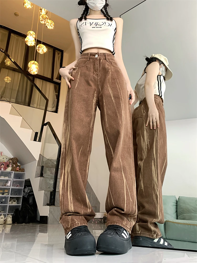 

Women's Tie Dyed Brown Thin Jeans Young Girl Summer Street Straight Bottoms Vintage Casual Trousers Female Wide Leg Pants
