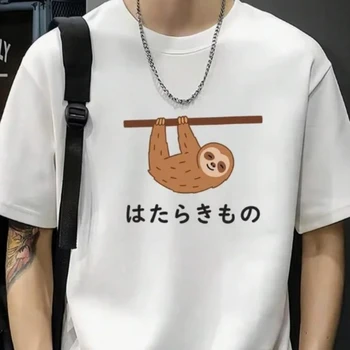 Sloth Pattern and Japanese Pattern Black T-Shirt Women's New Summer Casual Crew Neck Short Sleeve T-Shirt Casual Cartoon Top Y2K 1