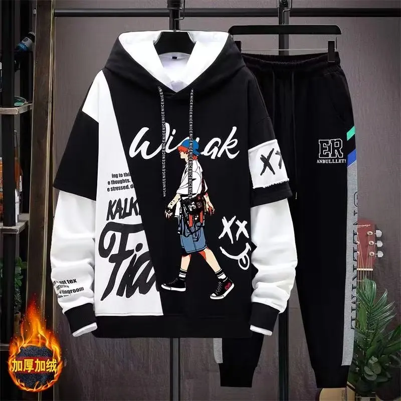 

Спортивный костюм мужской с принтом, корейский Модный комплект одежды для бега, толстовка с капюшоном и спортивные штаны, комплект из 2 предметов, весна-осень