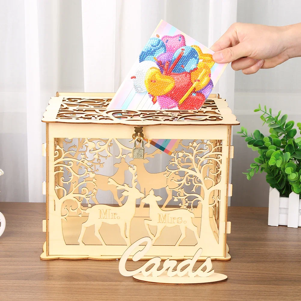 Wedding Card Box Wooden Boxes Wedding Supplies DIY Couple Deer Bird Flower Pattern with Lock Envelope Business Card Wooden Box