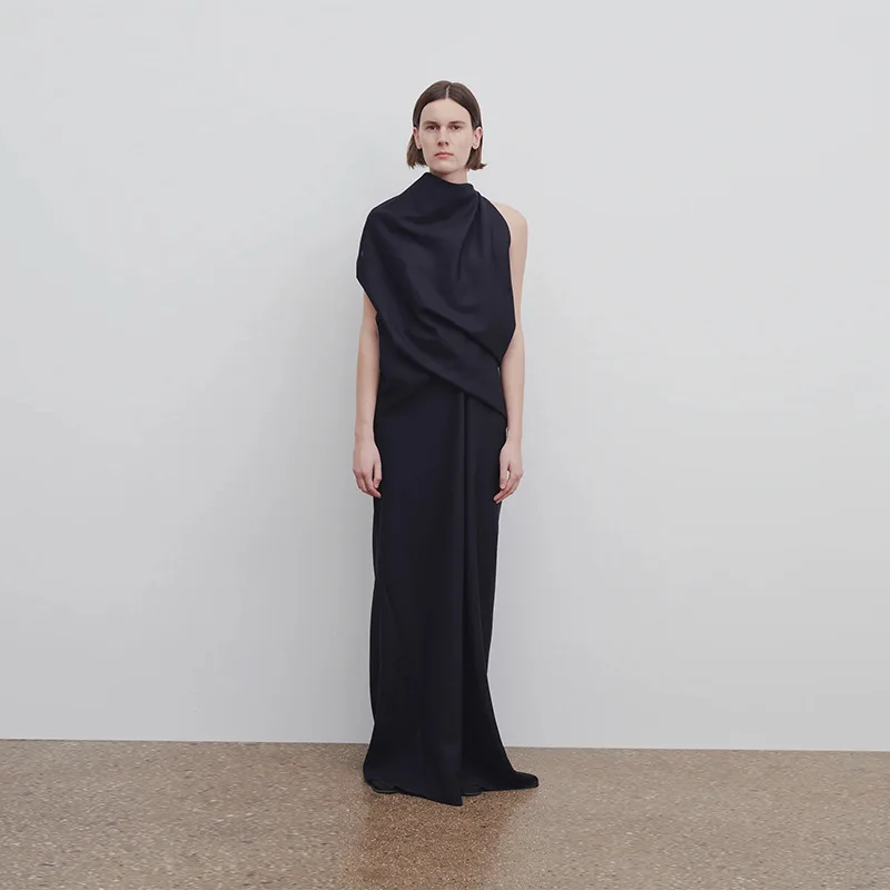

The Row Black Wool Sleeveless Dress Women 2023 Spring and Autumn New Fashion Luxury Slant Hanging A-line Dresses Small Dresses