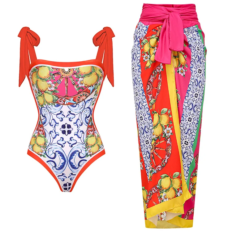 2024 Vintage  Pattern Printed One Piece Swimsuit  Swimwear Bikini  Set Women Beachwear Luxury Bathing Suit  tankini