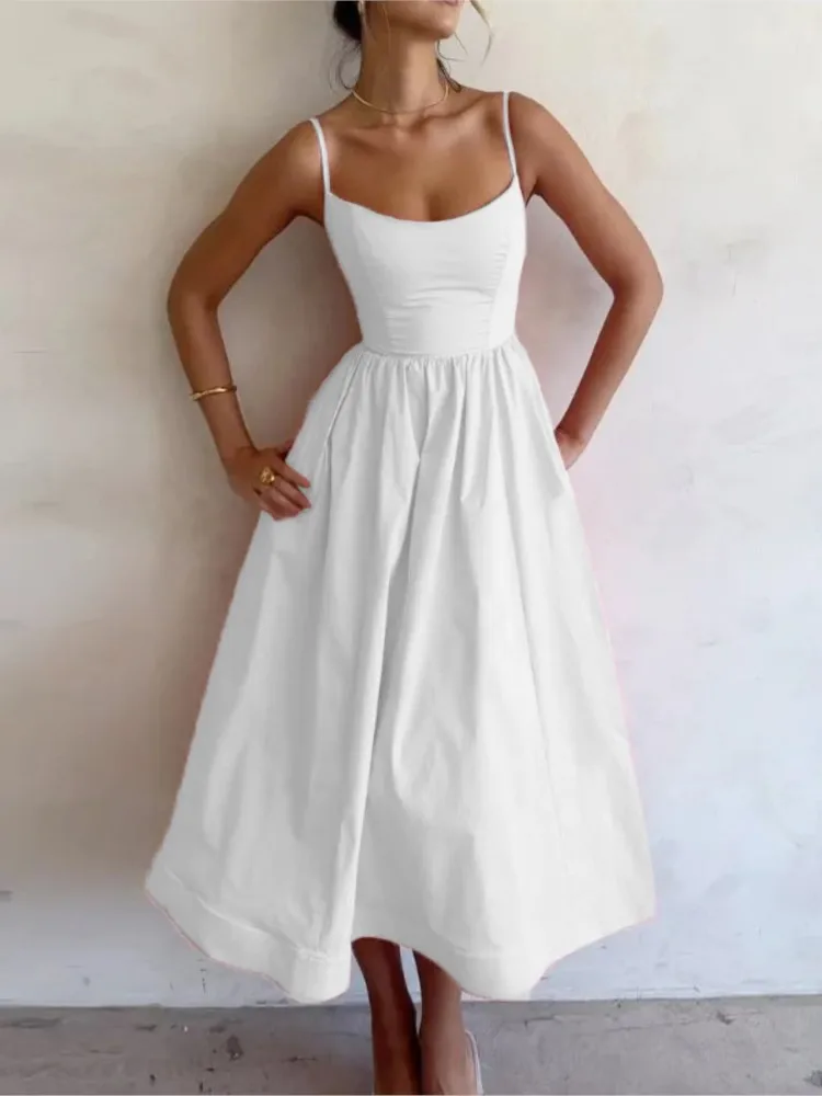 Sexy Solid Spaghetti Strap A-line Maxi Dresses Women Low Cut Sleeveless Big Skirt Dress Summer New Fashion Elegant Party Vestido