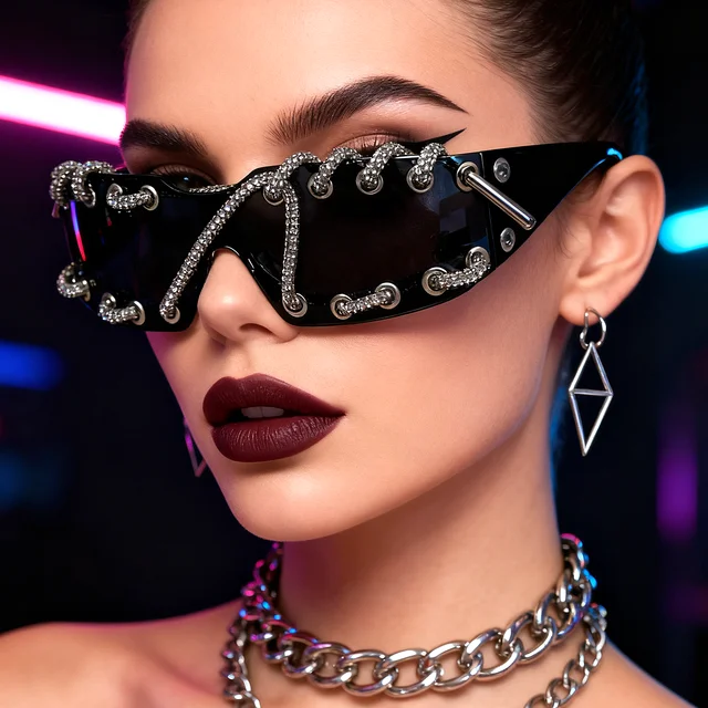 Lunettes de soleil Punk Y2k pour femmes, sans monture, avec chaîne en cristal, lunettes de soleil monobloc, accessoires de luxe pour fêtes, style streetwear. 1