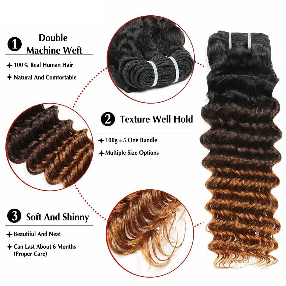 4 Bundles Hair Weaves Brazilian Hair Deep Wave Human Extensions 100% Remy Weave Bundles Bundle Multi-color with