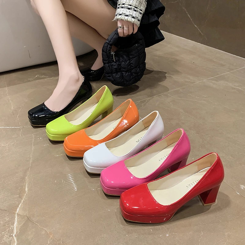 Sexy Square Toe Womens Shoes Heels Patent Leather Wedding Party Big Size 43 Pumps Square Heel Zapatos De Mujer Plataforma 6