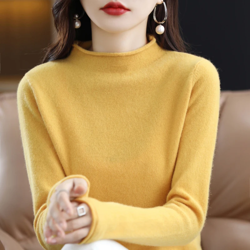 

2023 Autumn/Winter New Women's Curled Half High Neck Sweater 100% Woolen Sweater Comfortable Knitted Commuter Pullover Top