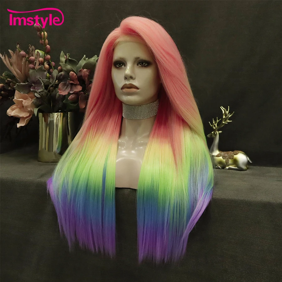 Imstyle Rainbow Synthetic Lace Front Wig Long Straight Multicolor Wigs Colorful Wigs For Women Cosplay Party Wig Heat Resistant
