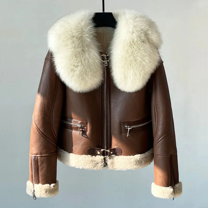 

Fox Fur Collar Fur Jacket Women Overcoat 2023 Autumn Winter New Lambswool Short Leather Coat Female Thick Warm Parka Coat