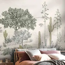 Succulentes wallpaper in Nature color, Landscape wallpaper with Illustrations of succulents, agaves and desert oaks