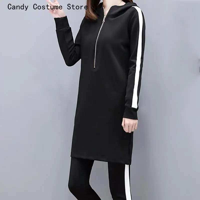 Women Set Hoodies Slim Black Stripe Side Casual Two Piece Set Women Zipper Long Hooded Sweatshirt + Pant 3xl hoodies color blocked letter graphic kangaroo pocket hoodie in black size l m s xl