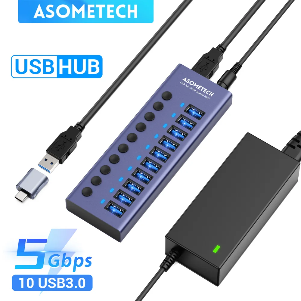 7/10 Porte Hub Usb 3.0 Adattatore Di Alimentazione Multiplo Splitter 12V Con Interruttore On/Off Splitter Usb Hub Ad Alta Velocità Per Pc Portatile Ma
