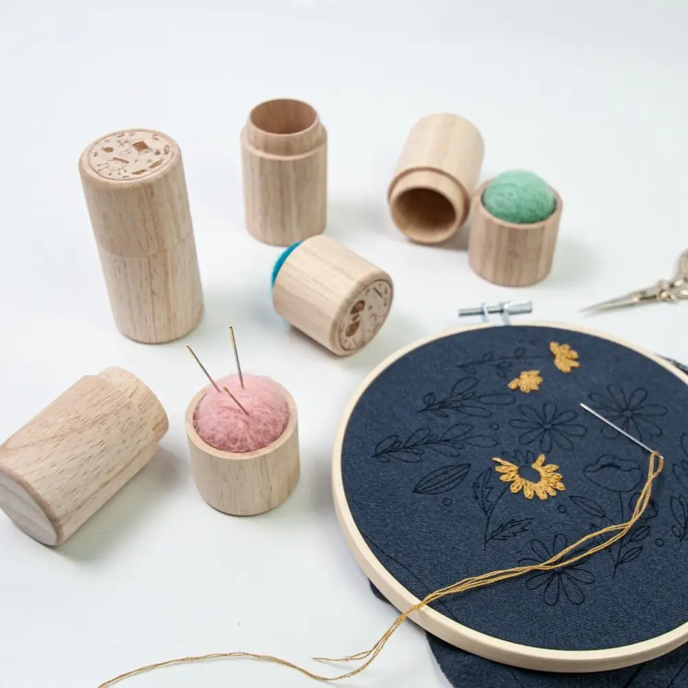 Stitching Pins Sewing Needle Cylinder Box Woode Pin Cushion Needles Storage Holder Embroidery Craft Sewing Needle Case
