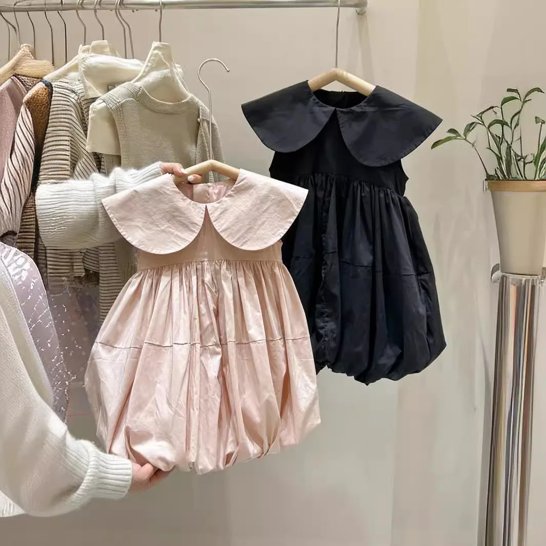 

Повседневные платья для девочек, летнее новое платье с кукольным воротником, модное милое корейское детское хлопковое однотонное простое платье с круглым воротником 2024