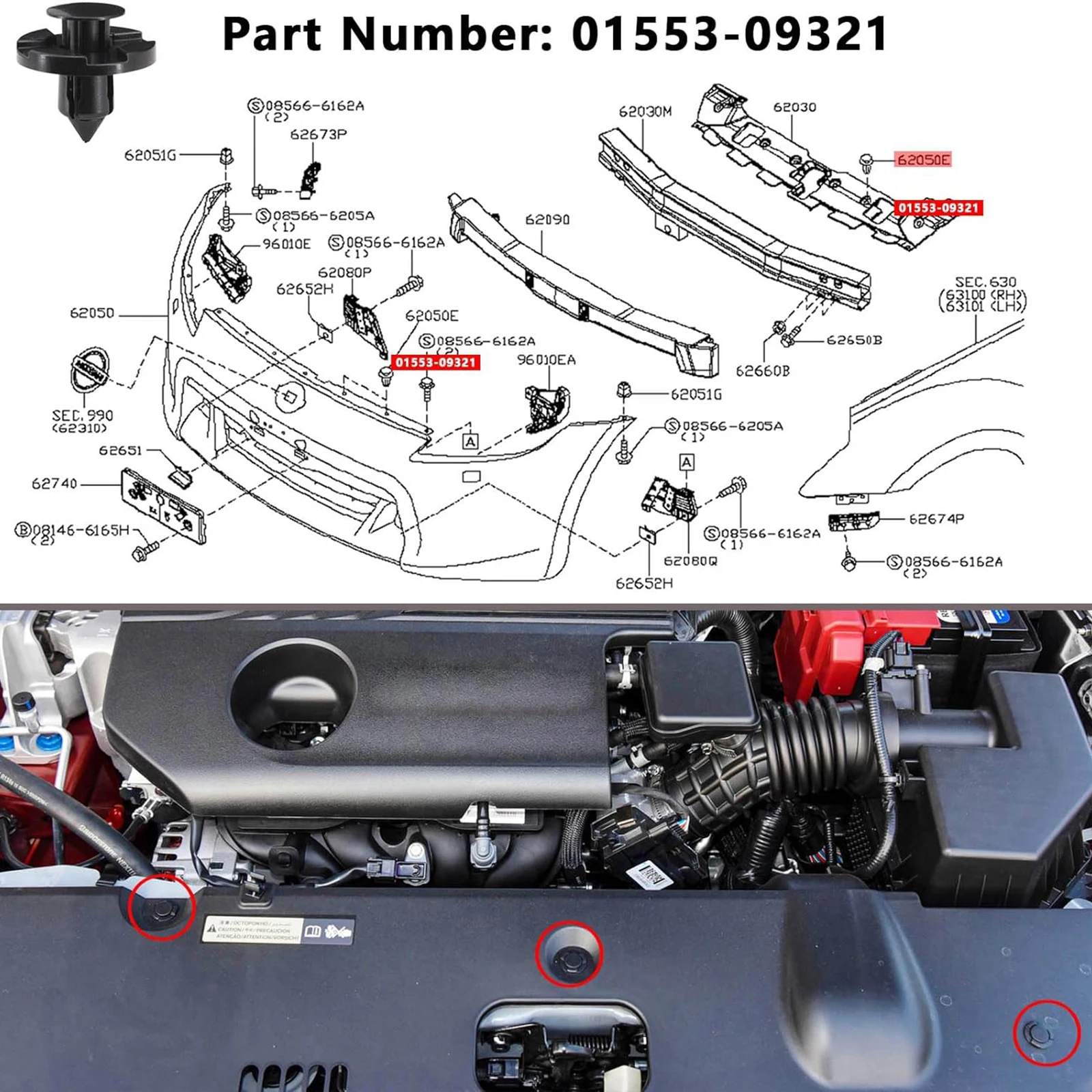 For Nissan Body Bolts U-nuts Clips M6 Nylon Fasteners Push-Type Retainer 01553-09321 Bumper Fender Rivet Fixing Clips 40pcs