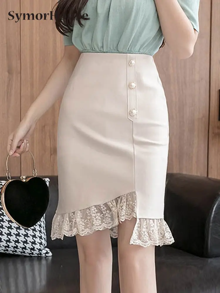 

Spring Summer Autumn Lace Patchwork Skirts Womens Fashion High Waist Black Wrap -Hips Skirt Korean Clothing Office Lady Skirts