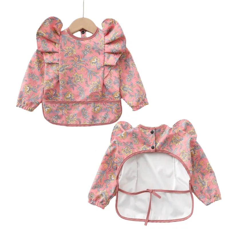

New Arrival Baby Burp Cloths Long Sleeved Baby Feeding Bib with Pocket Child Apron baby printing smock bibs