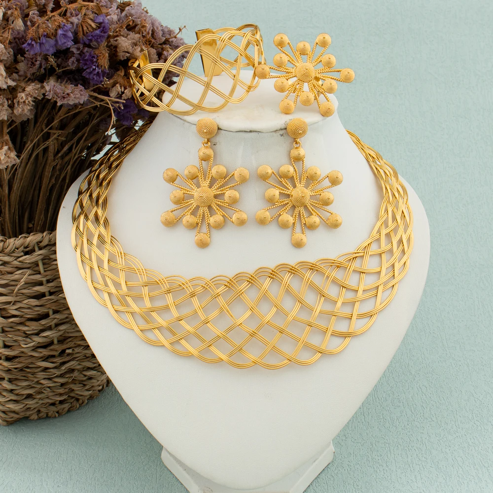 

Trend Dubai Gold Color Jewelry Set For Women Arab African Collar Necklace Snowflake Earrings Bangle Ring New Wedding Party Gift