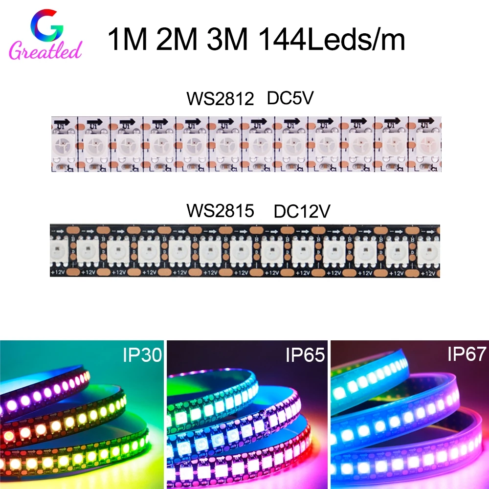 

1-3M WS2812B WS2815 WS2813 144 pixels/leds/m Led Strip Addressable IC Smart 5050 RGB led Strip light IP30/IP65/IP67 DC5V/12V