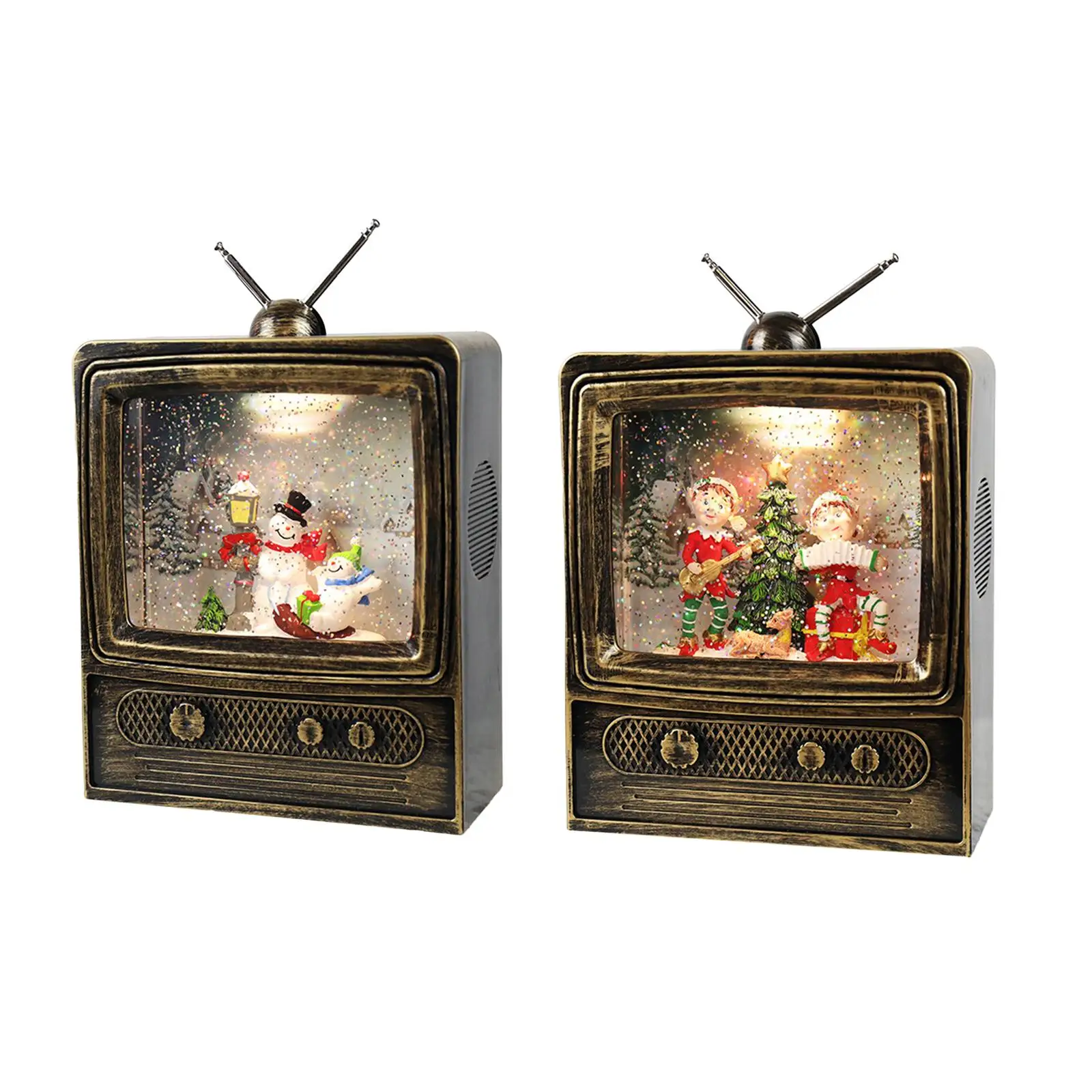 Tv Christmas Tabletop Decor Con Led Light Retro Vintage Television Music Box Snow Globe Per Tavolino Home Holiday Gifts