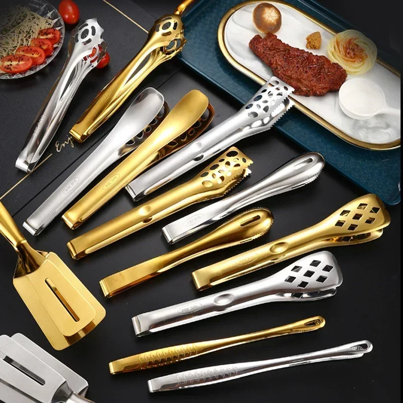 Gold Stainless Steel Kitchen BBQ Tongs Multi Styles Bread Salad Clip Steak Cooking Frying Spatula Serving Clamp Cooking Utensils
