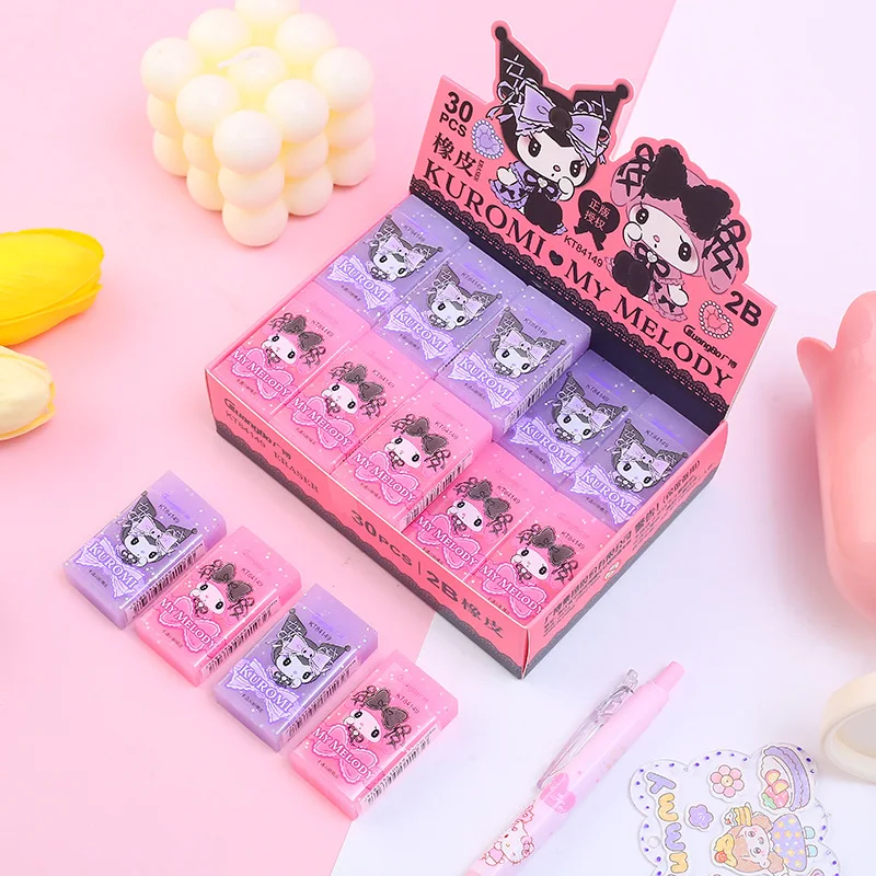 24Pcs Sanrio Eraser Kawaii Kuromi Anime Colored Jelly Pencil Erasers Cute Mymelody Primary Student Prizes Stationery Kids Gift