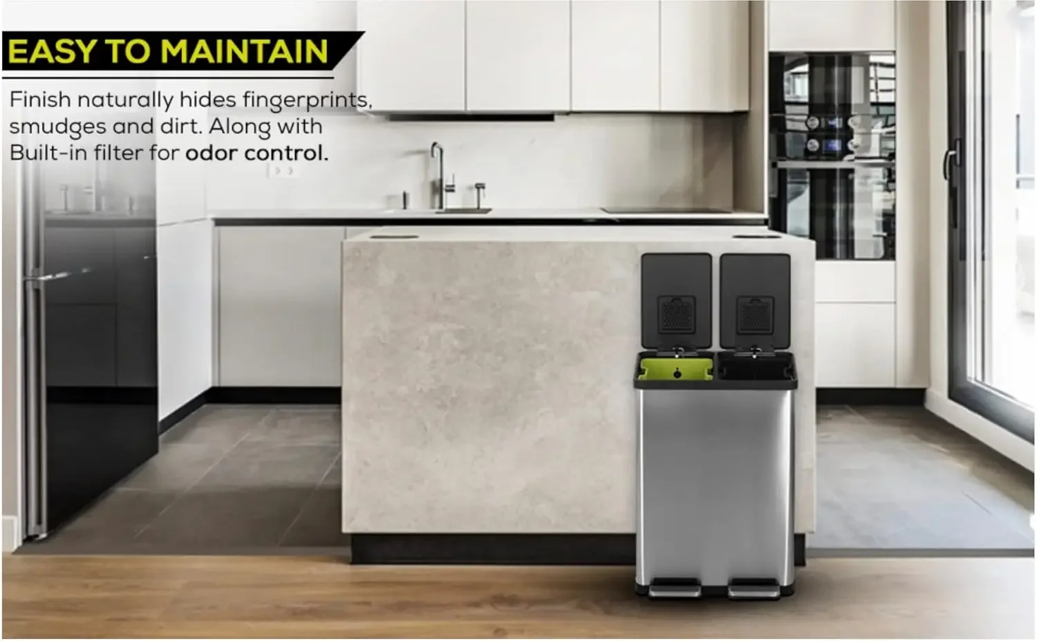 60 Liter / 16 Gallon Rectangular Hands-Free Dual Compartment Recycling Kitchen Step Trash Can with Soft-Close Lid, Brushed Stain 5