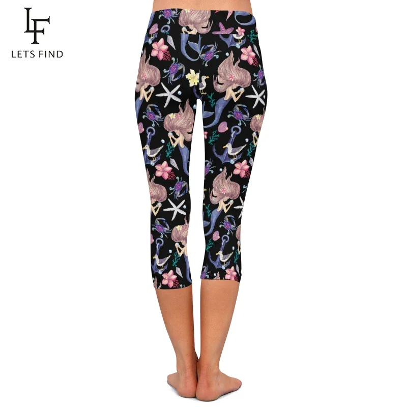LETSFIND Hot Sale Cartoon Mermaid Print Capri Leggings Women High Waist Sexy Fitness Pants Summer Mid-Calf Leggings
