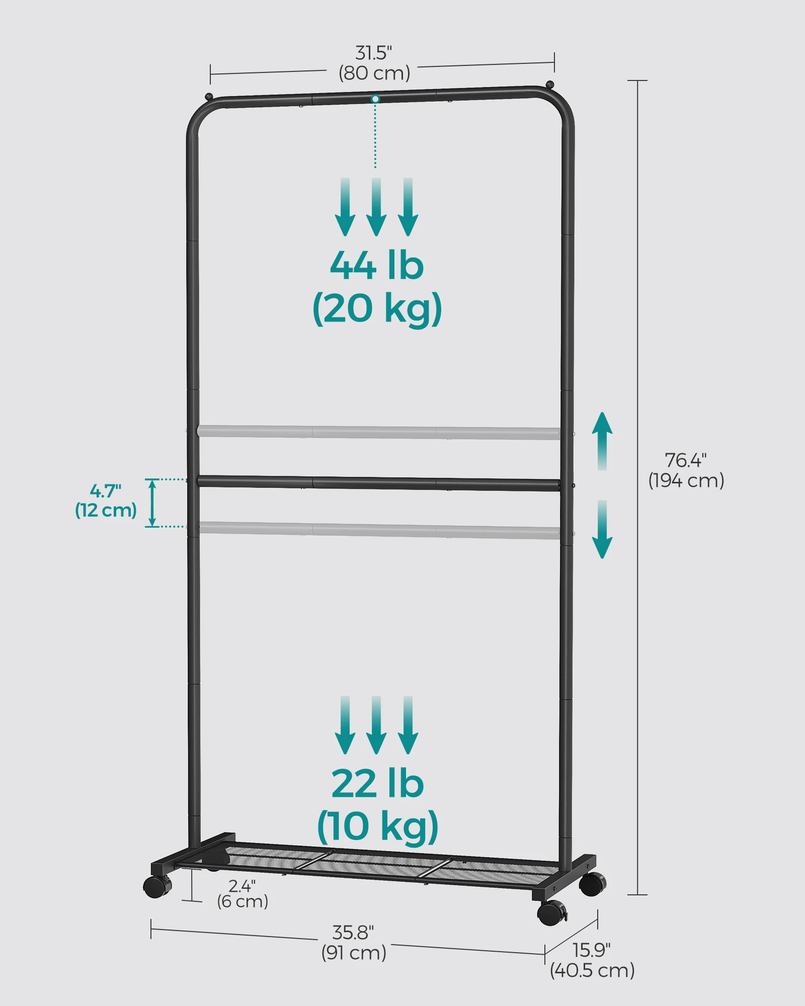 SONGMICS Clothes Rack with Wheels, Double-Rod Clothing Rack for Hanging Clothes 6