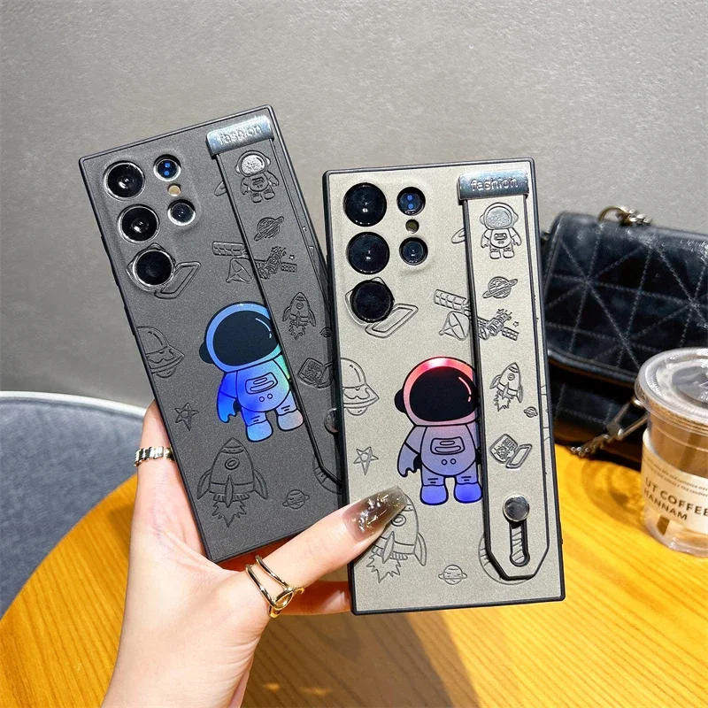 Laser Astronaut Wrist Strap Holder Leather Case for Samsung Galaxy S23 S22 Ultra S23Ultra S22Ultra Shockproof Back Cover_voghion.com